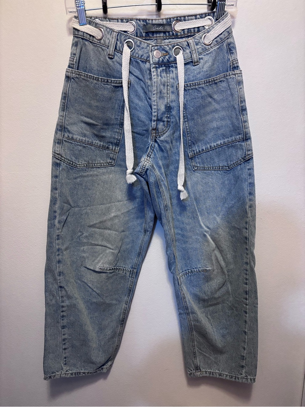 Women's Light Blue Barrel Jeans with Drawstring Waist